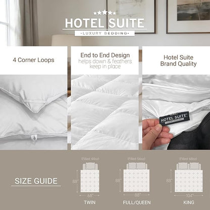 Hotel Suite Feather Down Comforter, Natural Fluffy Duvet Insert, Luxurious Hotel Collection Quilts, All Season Bedding Comforter, 100% Cotton Cover（Full/Queen Size, 88 x 88 Inch, White）