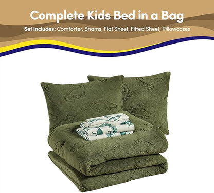 Full Size Kids Comforter Set - Dinosaur Embossed Bedding Set Bed in a Bag for Boys and Girls Toddlers Sheet Set and Comforter, Dinosaur Embossed