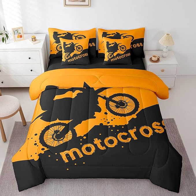 Erosebridal Motocross 7 Piece Comforter Set Full Bed in a Bag,Motorbike Race Car Bedding Sets Motorcycle Dirt Bike Sheet Set with Comforter