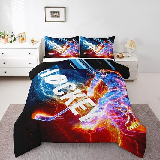 Ice Hockey Comforter Set King, Puck Hockey Player Bedding Sets for Kids Boys Girls Teens, Red Blue Lightening Duvet Insert, Winter Sports Game Down Comforter Bedroom Decor for All Season, 3 Pieces