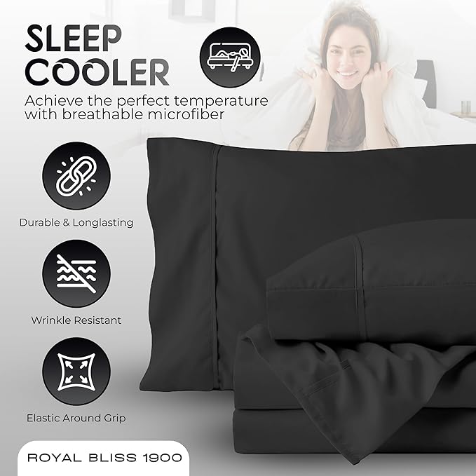 Royal Bliss Split California King Sheet Set - 1900 Ultra-Soft Microfiber Cal King Bed Sheets - Double Brushed - Deep Pockets - Easy Fit - 5 Piece Set - Bed Sheets -Ultra Soft (Black)