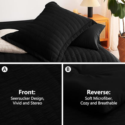 CozyLux Twin Comforter Set with Sheets 5 Pieces, Black Seersucker Textured Bed in a Bag for Bedroom, Luxury Soft Bedding Sets with Down Alternative Comforter, Sheets, Pillowcase & Sham for All Seasons