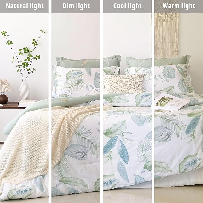 Botanical Cotton Comforter Queen Size - Sage Green Comforter Printed with Leaves & Ferns on White,Reversible Lightweight Bedding Sets 3Pcs(Leaves,90"×90")
