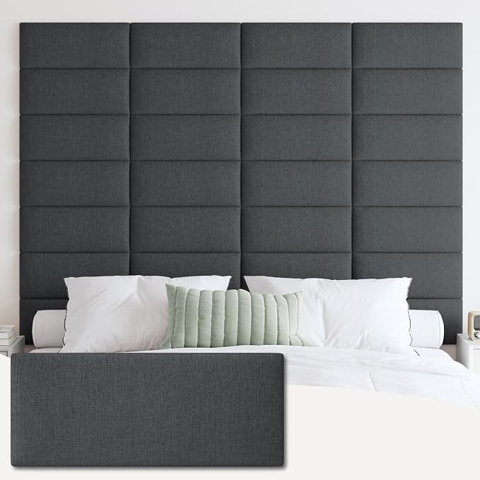 IFNOW Wall Mounted Headboard, Peel and Stick Panels, Black, Queen | 3D Soundproof Acoustic Padding, Reusable and Removable Tufted fabric Bed Headboard for bedroom (9 Panels, 10" x 24")