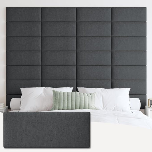 IFNOW Wall Mounted Headboard, Peel and Stick Panels, Black, Queen | 3D Soundproof Acoustic Padding, Reusable and Removable Tufted fabric Bed Headboard for bedroom (9 Panels, 10" x 24")