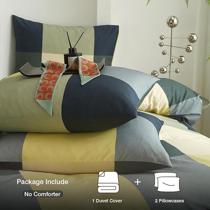 mixinni Checkered Geometric Duvet Cover Set - Full Size, 3-Piece 100% Cotton Bedding Set, Soft & Breathable Plaid Design with Zipper Closure, Reversible Comforter Cover for All Seasons