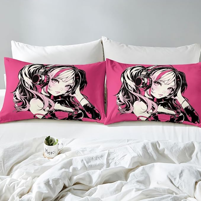 Pink Anime Girls Bedding Set Cartoon Japanes-Style Fitted Sheet Full, Graffiti Street Culture Bed Sheets for Kids Teens Youth Watercolor Hippie Style Sheets 3Pcs, No Top Sheet