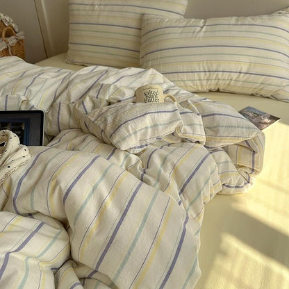 EAVD Retro Striped Duvet Cover Set Queen Size 100% Cotton Chic Stripes Printed Bedding Set with 2 Pillowcases Vintage Geometric Pattern Duvet Cover with Zipper Closure(Yellow&Purple&Blue, Queen)