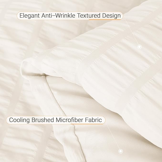 MUXHOMO 7 Pieces Queen Comforter Set, Seersucker Bed in a Bag Queen Size, All Season Luxury Bedding Set with Comforter, Flat Sheet, Fitted Sheet, Pillowcases & Shams, Ivory