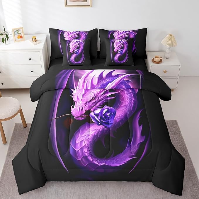 Erosebridal Gothic Dragon 7 Piece Comforter Set Full Bed in a Bag,Purple Rose Bedding Sets Prehistoric Animal Flowers Sheet Set with Comforter
