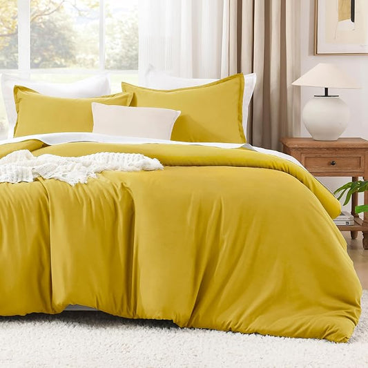Litanika Mustard Yellow Comforter Set Queen Size, 3 Pieces Lightweight Solid Bedding Comforter Set, All Season Fluffy Bed Set (90x90In Comforter & 2 Pillowcases)
