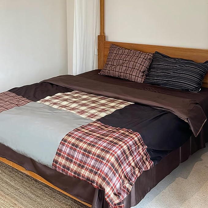 Nayoroom Plaid Duvet Cover Queen Size Vintage Brown Patchwork Checkered Duvet Cover Dorm Bedding Set 3 Pieces Soft Lightweight Washed Microfiber Farmhouse Bedding Set Gifts for Women Men
