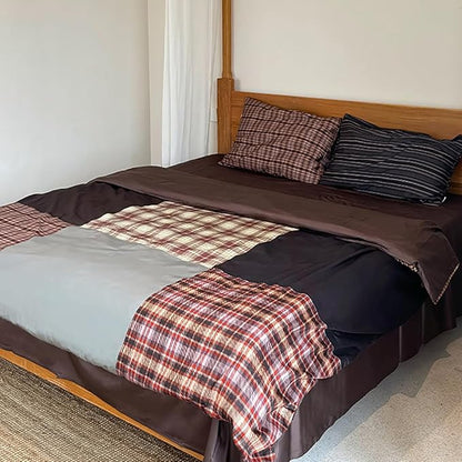 Nayoroom Plaid Duvet Cover Queen Size Vintage Brown Patchwork Checkered Duvet Cover Dorm Bedding Set 3 Pieces Soft Lightweight Washed Microfiber Farmhouse Bedding Set Gifts for Women Men