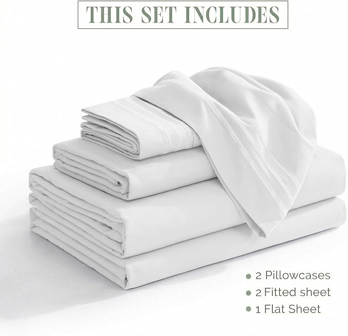 Elegant Comfort Luxurious 1500 Premium Hotel Quality Microfiber Three Line Embroidered Softest 5-Piece Bed Sheet Set, Wrinkle and Fade Resistant, Split King, White
