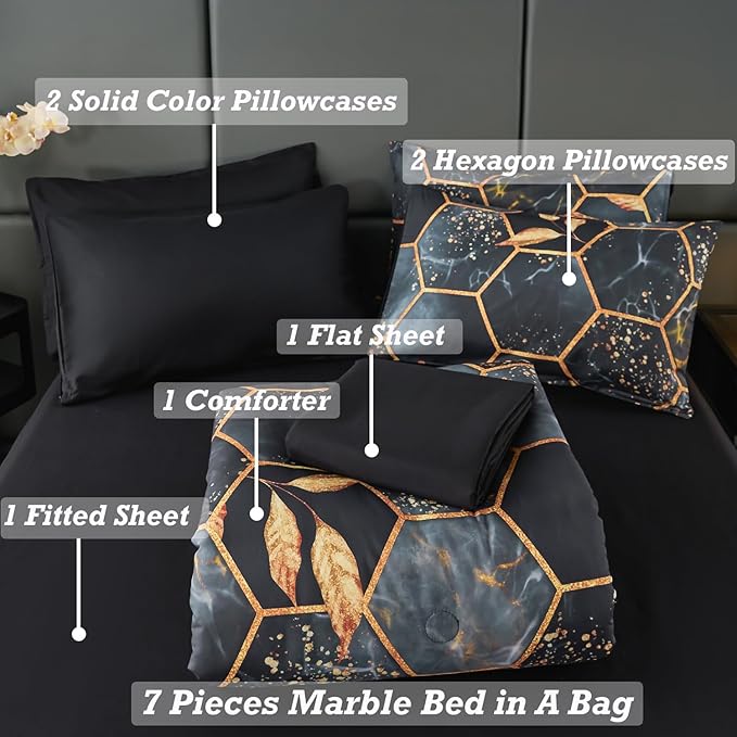 ANGIYUIN Geometric Black Queen Comforter Set, 7 Pieces Modern Foil Print Decor Gold Trim Bed in A Bag, Ultra Soft Lightweight Duvet Insert for All Season (Black Queen)