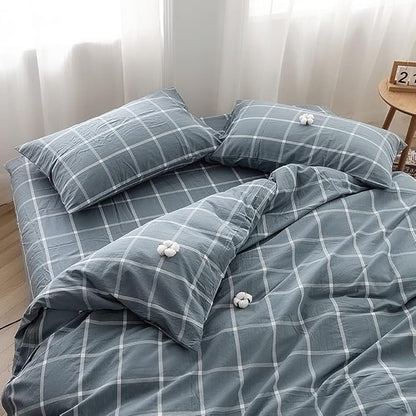FACE TWO FACE Bedding Duvet Cover Set100% Washed Cotton Duvet Cover Linen Like Textured Breathable Durable Soft Comfy (California King, Grey Green Grid)