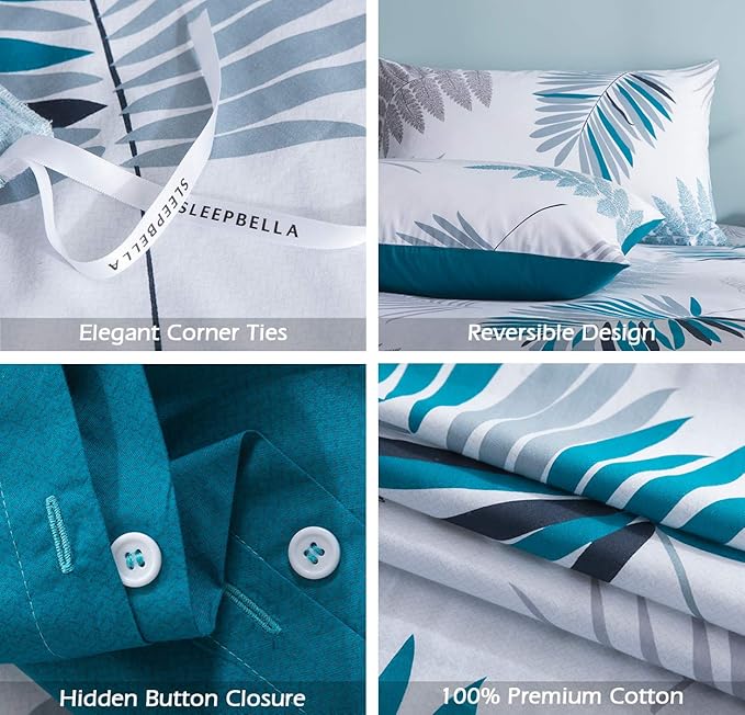 SLEEPBELLA Duvet Cover Twin, 600 Thread Count Cotton Leaf Botanical Pattern Print Reversible Comforter Cover Set (Twin, Teal Blue-Leaf)