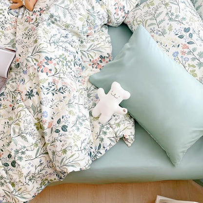 VM VOUGEMARKET Twin XL Comforter Set 3 Pieces Green White Flower Botanical Comforter with 2 Pillowcases Microfiber Cottagecore Bedding Set Twin