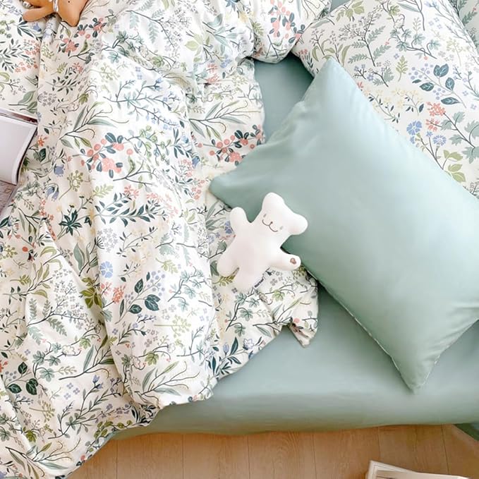 VM VOUGEMARKET Green Flower Comforter Set Queen,Bright Fresh Forest Botanical Bedding Set,Soft & Lightweight Comforter for Girls Women-Green White