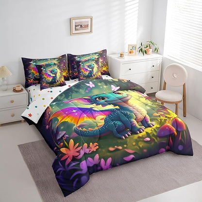 7 Pieces Full Size Kawaii Dragon Comforter Set,Fantasy Fairy Tale Jungle Bedding Set for Kids Room Decor,Cartoon Magical Wildlife (Comforter+Fitted+Flat Sheet+2 Pillowcases+2 Throw Pillow Covers