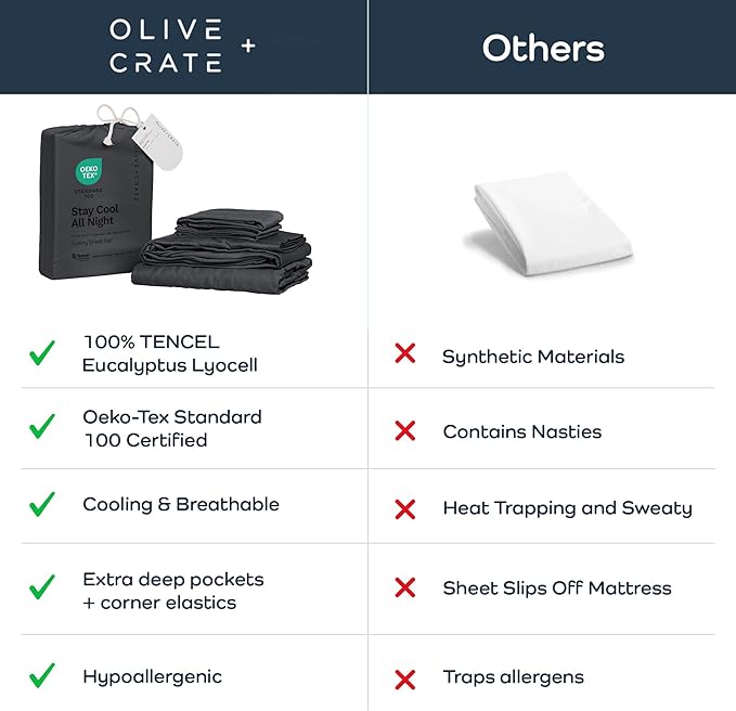 Olive + Crate Tencel Lyocell Eucalyptus Queen Size Sheet Set - Cooling Tencel Sheets for Hot Sleepers with 18 Inch Deep Pocket Fit - Charcoal 4-Piece Set