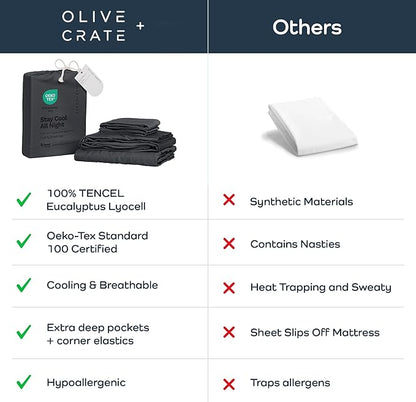 Olive + Crate Tencel Lyocell Eucalyptus Full Sheet Set - Cooling Tencel Sheets for Hot Sleepers with 16 Inch Deep Pocket Fit - Double Bed Sheets - Charcoal 4-Piece Set