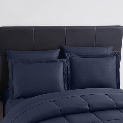 Sweet Home Collection King Size Greek Key Navy 8 Piece Bedding Set - Smooth Piped Edging, Sewn-Through Construction, Overfilled for