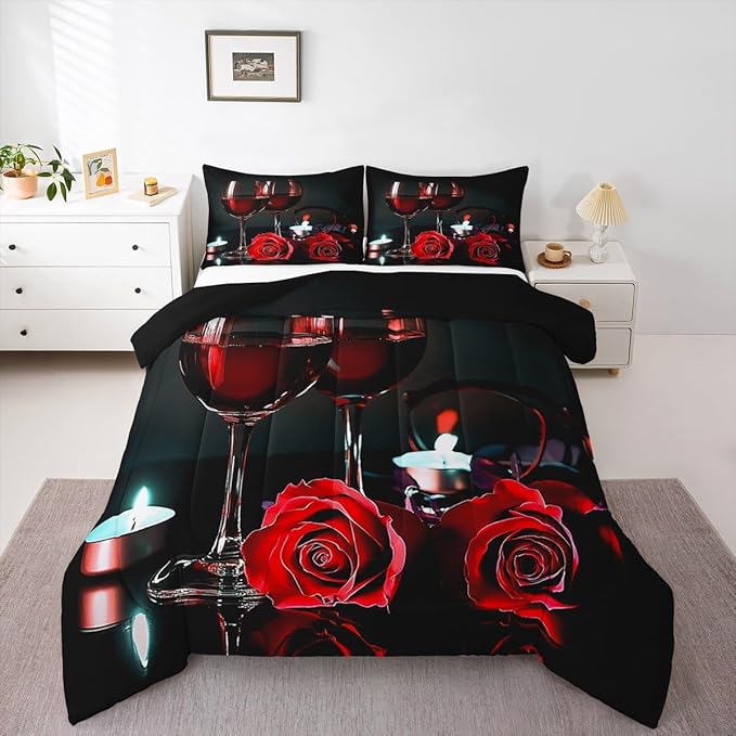 Erosebridal 3D Rose Wine Glass Bedding Sets King Girls Romantic Eiffel Tower Comforter Women Floral Fruit Quilt Red Black Flower Bedding Quilted Soft Microfiber Down Comforter with 2 Pillowcases,Gray