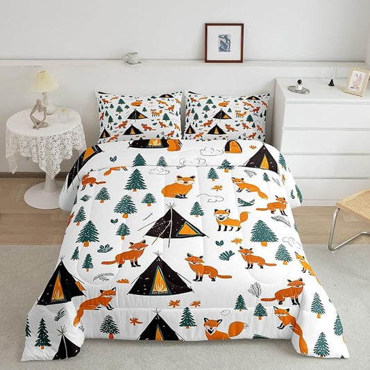 Feelyou Camping Comforter Set Full Size Fox Comforter Camper Accessories for Travel Trailers Bedding Set Cute Duvet Set Room Decor Wool White Quilt Set