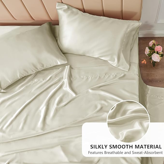 CozyLux Satin Sheets King Size Sheet Set - 4 Piece Silky King Sheets, Luxury Cream King Bed Set with Smooth and Soft Microfiber, Includes 1 Fitted Sheet, 1 Flat Sheet and 2 Pillowcases
