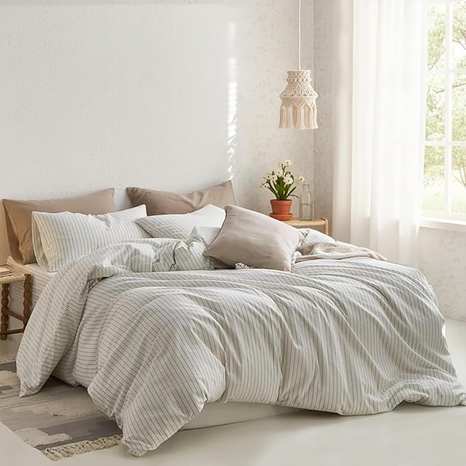 Nayoroom Striped Duvet Cover Queen Size 100% Washed Cotton White Green Stripe Duvet Cover 3 Pieces Soft Breathable Girls Dorm Bedding Set for All Seasons, Yarn Dyed Process