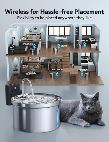 Wireless Cat Water Fountain Stainless Steel [Water & Battery Separation] FEELNEEDY Smart Pet Water Fountain, 4000mAh Battery Operated Water Fountain for Cats Dogs 3.5L/118oz + 6 Filters