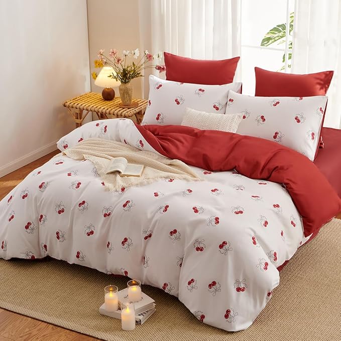 White Comforter Set Full Size - Red Cherry Quilt Bedding Set 3 Pieces, Comforter Set Full, Soft & Lightweight Comforter(79‘’ x 90‘’) for Girl All Season & 2 Pillowcases(30‘’x20‘’)