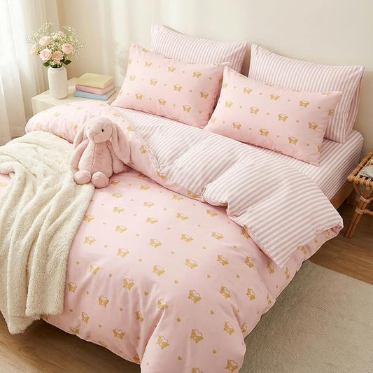Pink Comforter Set Full Gold Heart Butterfly Bedding Set for Girls Kids, Reversible Pink White Wide Striped Pattern, Coquette Comforter 3 Pieces, with 2 Pillowcases, Soft 100% Microfiber