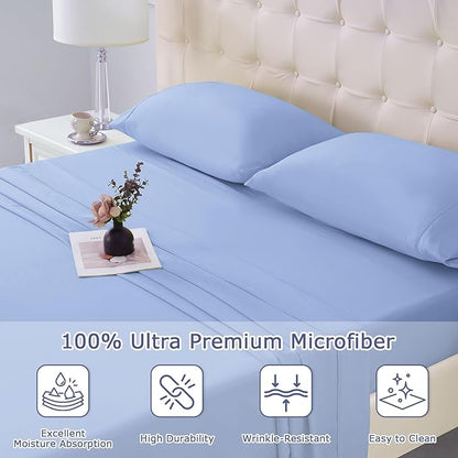 Queen Size Bed Sheet Set - 4 Piece Soft Microfiber Sheets with Deep Pockets, Cooling Technology, and Wrinkle-Free Pillowcase. Hotel-Quality, Durable Bedding, Chambray Blue