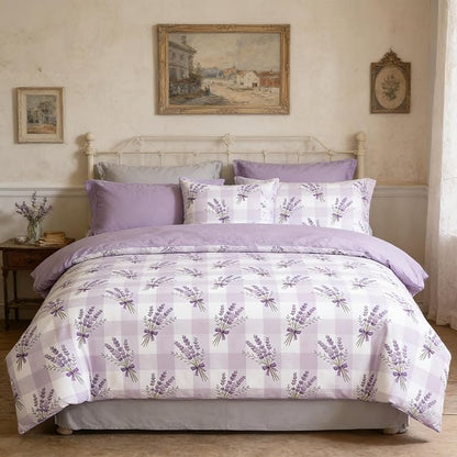 Gingham Comforter Set King Size 5Pcs Bed in A Bag Purple Lavender Bedding for Women Girls Boho Plaid Checkered Quilted Comforter with 2 Pillowcases, 1 Flat Sheet + 1 Fitted Sheet