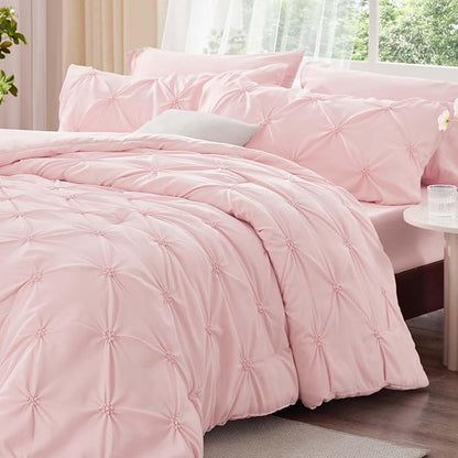 BEDELITE Baby Pink Comforter Set Full - 3 Peices Boho Pintuck Bedding Comforter Sets, Lightweight Soft & Warm Twin Bedding Sets with 2 Pillowcase for All Season