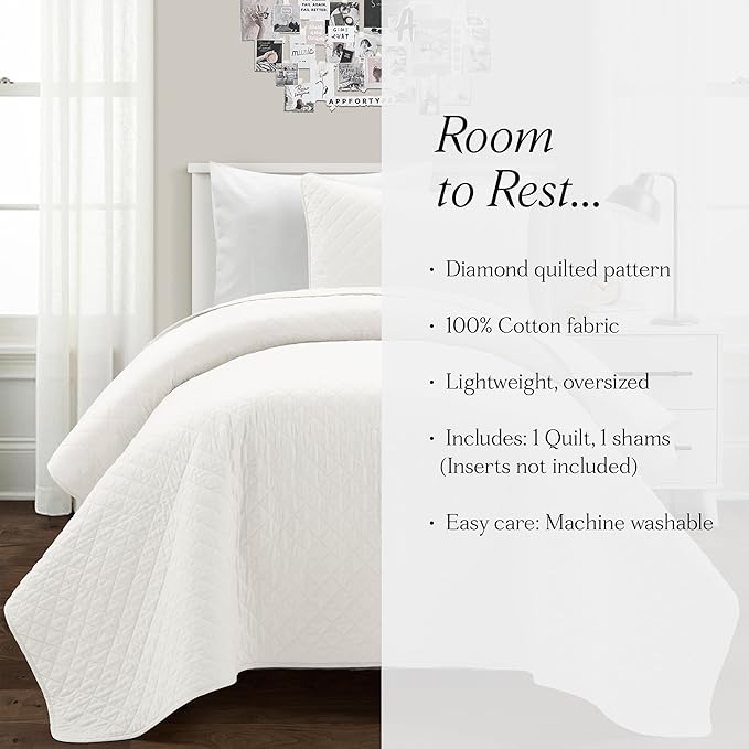 Lush Decor Ava Quilt Diamond Pattern Solid 2 Piece Oversized Bedding Blanket Bedspread Set - Twin-XL - White