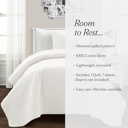 Lush Decor Ava Quilt Diamond Pattern Solid 2 Piece Oversized Bedding Blanket Bedspread Set - Twin-XL - White