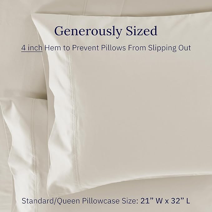Luxuriously Soft Premium 600 Thread Count, 100% Cotton Set of 2 Cases, Crisp Pillowcases Queen Size Set of 2 Fits Standard & Queen Pillows - Ivory (Warm Cream)