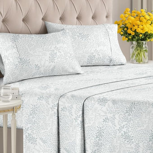 Floral Sheets - Grey Floral Bed Sheet Set - 1 Flat, 1 Fitted & 2 Pillowcases w/ Deep Pockets - Comfy, Wrinkle & Fade Free - Boho Botanical Bedding - Ultra-Soft, Breathable & Cooling - Full Size