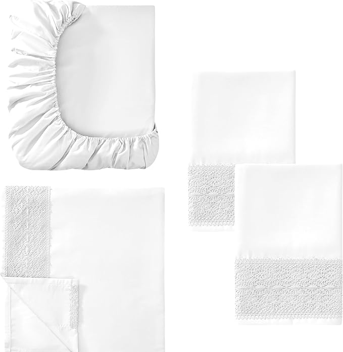 Modern Threads 4 Piece Microfiber Sheet Set – Soft Cooling Bed Sheets with Crochet Lace – Deep Pocket, Wrinkle Free, Breathable, Hotel Luxury Bedding, White, King