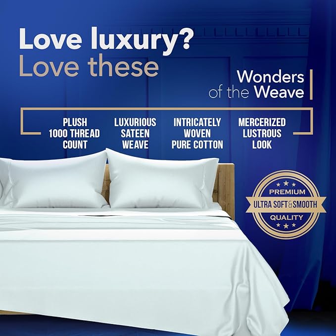 TEXAS LINEN CO. Luxury Egyptian Cotton King Pillow Cases Set of 2-1000 Thread Count Pillowcases for Sleeping, Soft, Cooling Pillow Cover, Extra Long Staple Hotel Quality Pillow Cases - Sea Foam