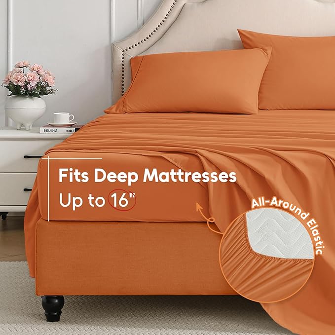 Twin Sheets Set, 3 Pieces Hotel Luxury Soft Microfiber Bed Sheets Set, Up to 16" Deep Pockets, Oeko-Tex Sheets with Elastic, Breathable, Wrinkle Free (Pumpkin Orange, Twin)