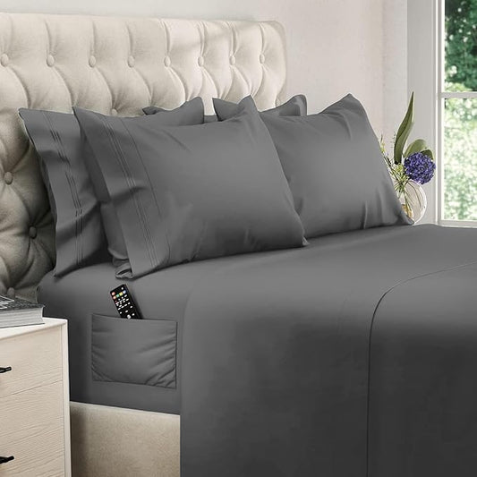 DREAMCARE Sheets Full Size Bed - Cooling Bed Sheets - 6pcs Set - Full Sheet Set - Full Size Sheets - Full Size Sheet Sets Soft & Long Lasting 100% Fine Brushed Polyester with Side Pocket - Dark Gray