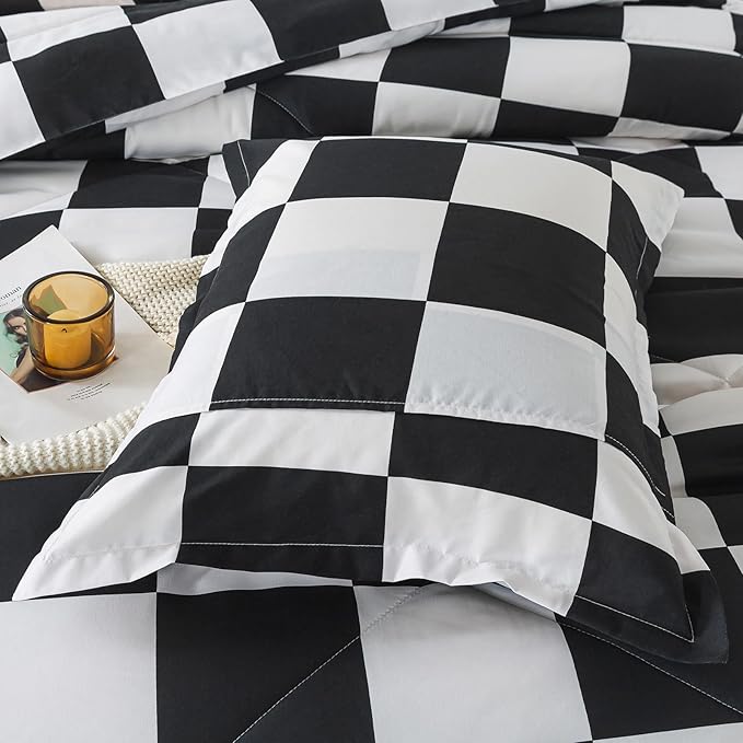 Caressma Black White Comforter Set Full Size, 3 Pieces Buffalo Plaid Comforter Bedding Set, Checkered Grid Fluffy Home Decor for All Seasons