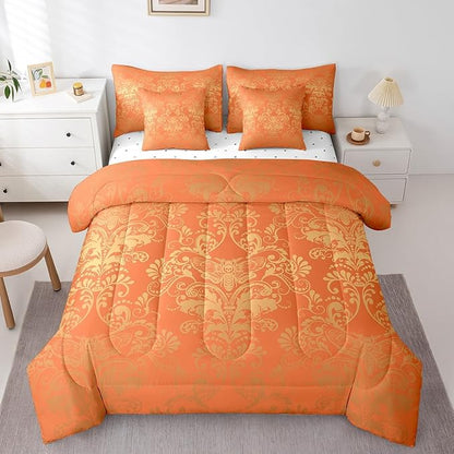 Erosebridal Gothic Damask Bed in a Bag King Size Comforter Set 7 Pieces,Exotic Moth Bedding Sets Orange and Yellow Victorian Floral Goth Sheet Set with Comforter
