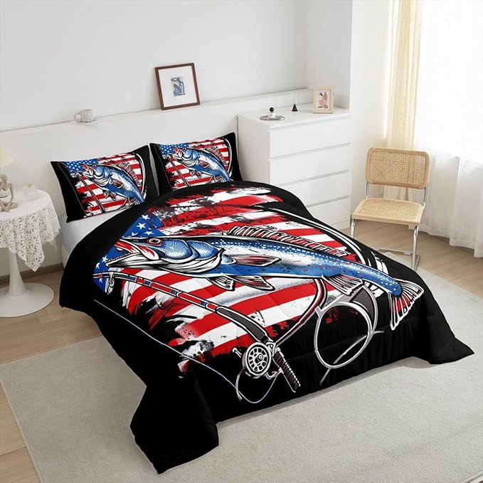 Feelyou Bass Fish Bedding Set Twin Size Farmhouse Fishing American Flag Comforter Set for Kids Boys Girls Teens Fishing Lover Room Wild Pike Fish Decor Comforter Red Blue Stripe Quilted Set 3Pcs