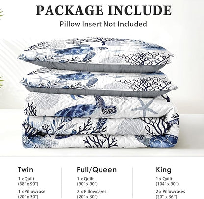 Quilt Set Full/Queen Size, Ocean Sea Coral 3 Pcs Soft Bed Cover Bedding Set for Kids and Adults, Blue Animal Turtle Lightweight Bedspread Coverlet with Pillow Sham for All Season