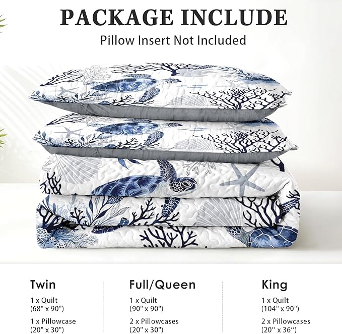 Quilt Set Twin Size, Ocean Sea Coral 2 Pcs Soft Bed Cover Bedding Set for Kids and Adults, Blue Animal Turtle Lightweight Bedspread Coverlet with Pillow Sham for All Season